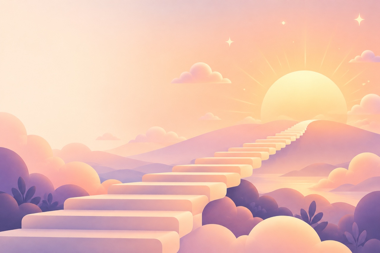 Illustration: an ascending staircase of soft steps climbing toward a gentle rising sun, with tender clouds and small stars in a peach morning sky