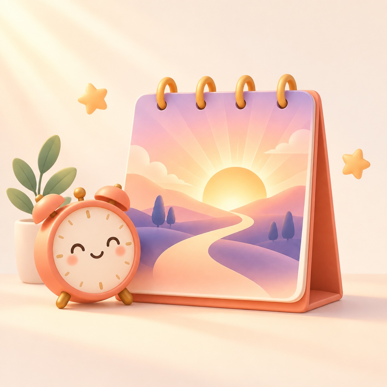 Illustration: a friendly rounded desk calendar with one softly glowing page beside a small alarm clock in warm morning light