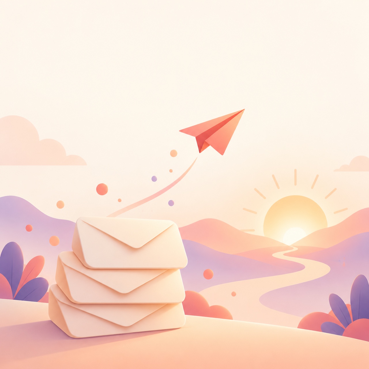 Illustration: a neat stack of soft cream envelopes with a coral paper airplane lifting off toward a small glowing sun