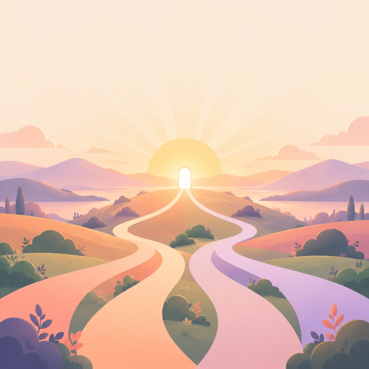 Illustration: four soft branching footpaths curving across rolling hills and converging toward one bright gateway of light on the horizon
