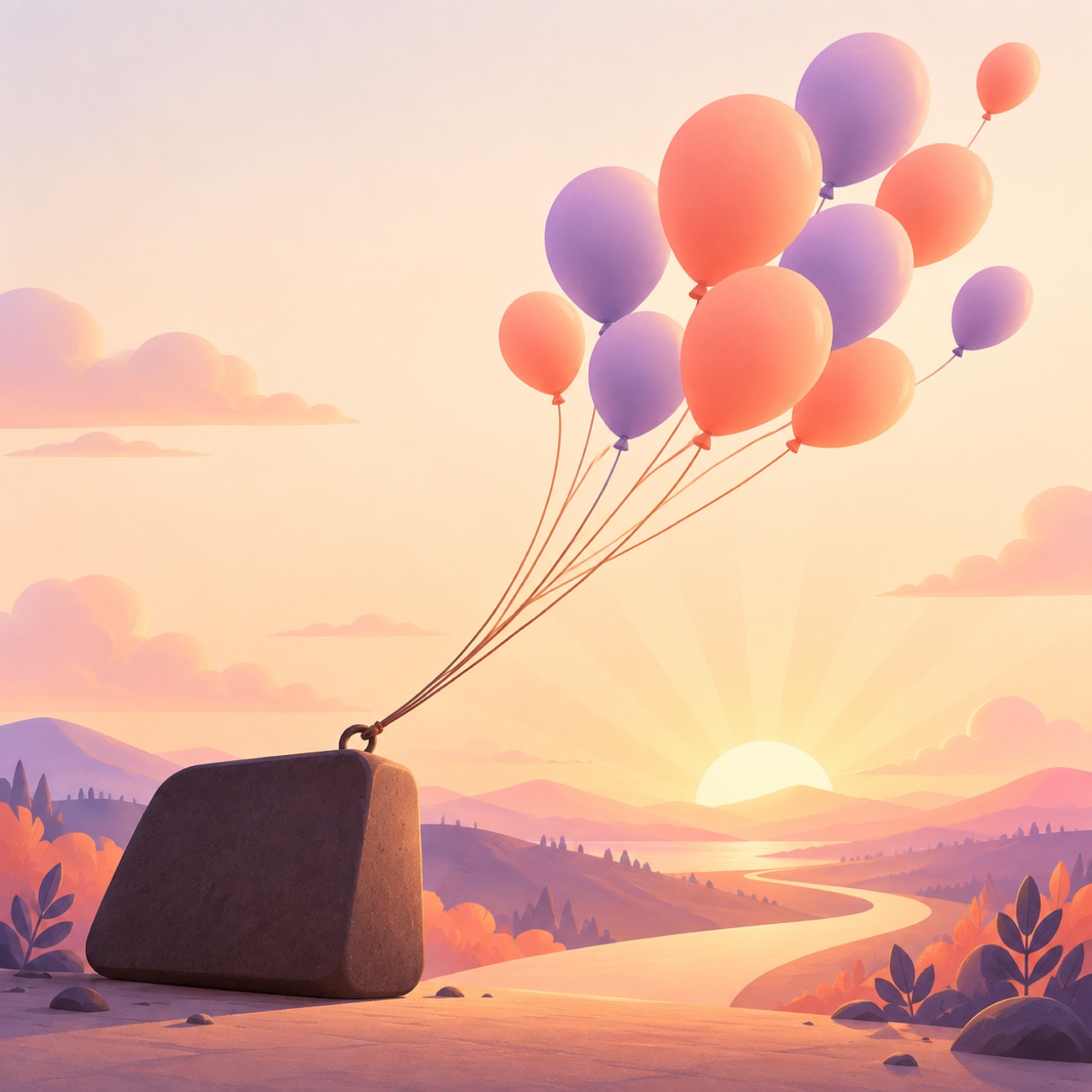 Illustration: a heavy dark stone block on the ground with cheerful coral and violet balloons lifting away from it into a sunrise sky